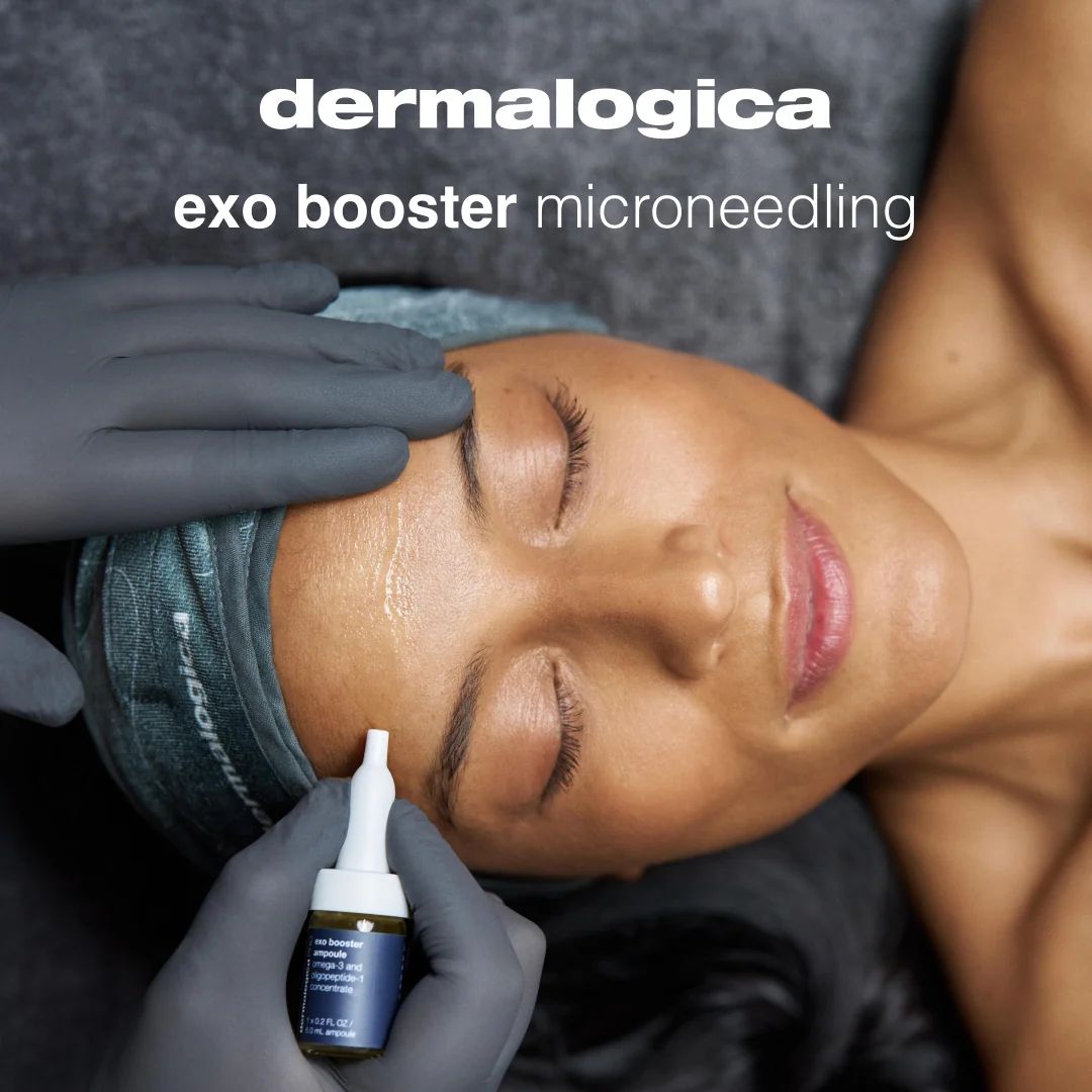 Dermalogica Exo Booster Microneedling: a practitioner in dark gloves holds an Exo Booster ampoule beside a client resting on a dark treatment bed